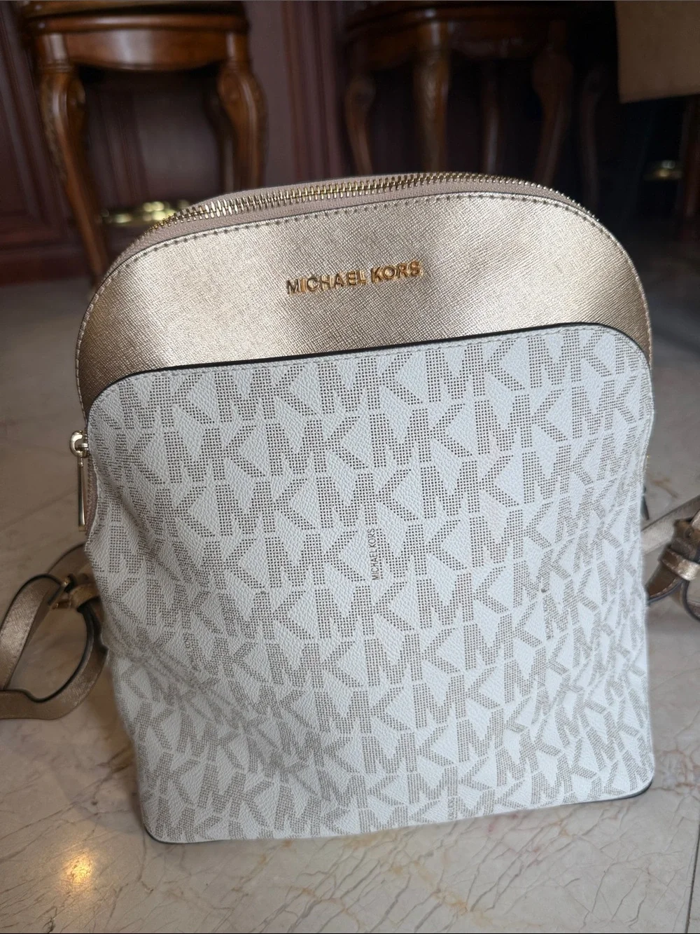 Michael Kors White & Gold Signature Backpack